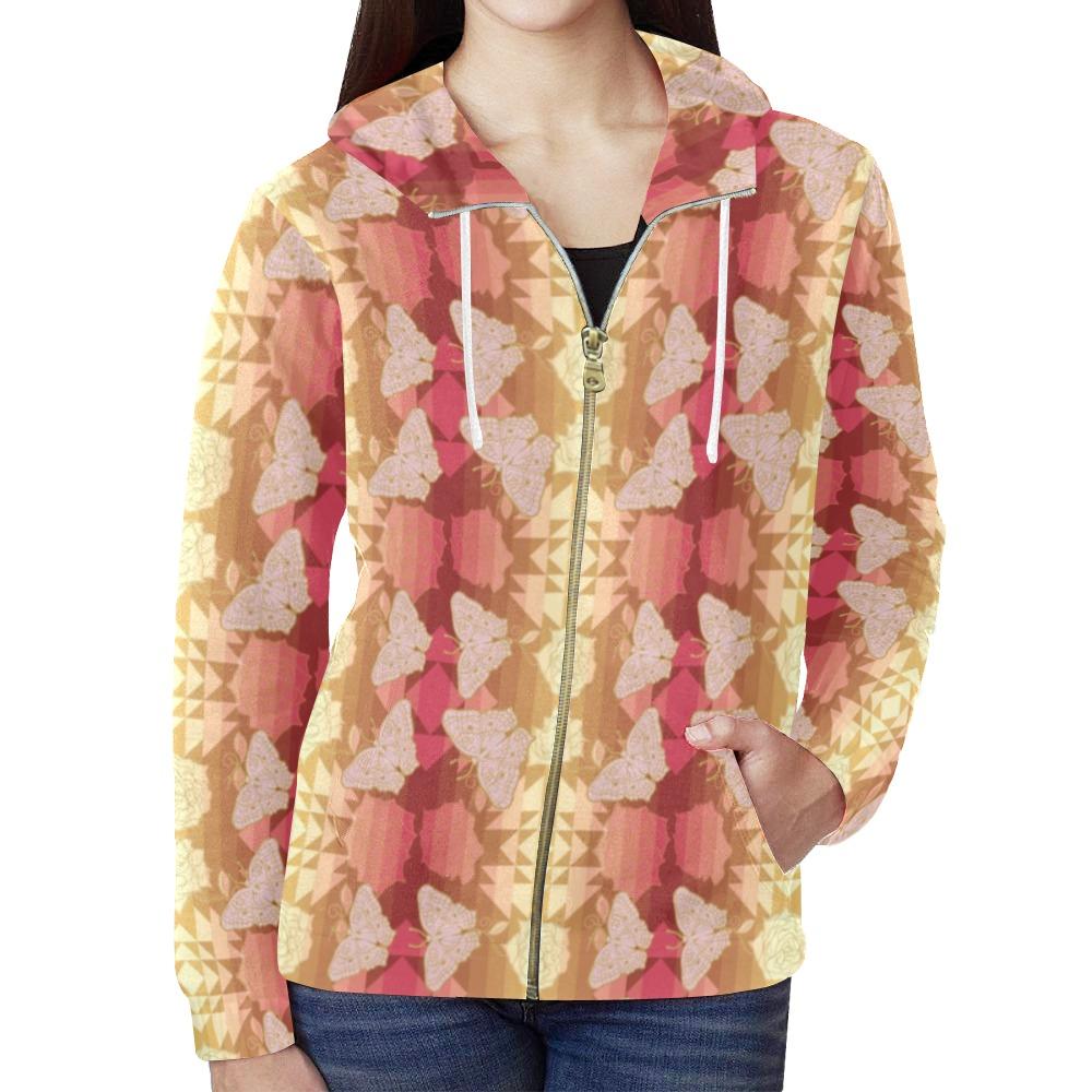 Butterfly and Roses on Geometric All Over Print Full Zip Hoodie for Women (Model H14) All Over Print Full Zip Hoodie for Women (H14) e-joyer