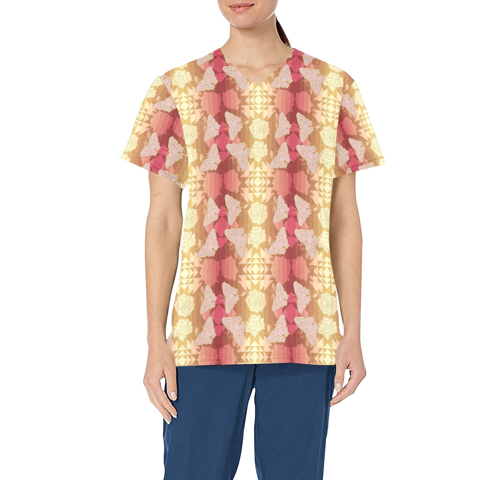 Butterfly and Roses on Geometric All Over Print Scrub Top Scrub Top e-joyer
