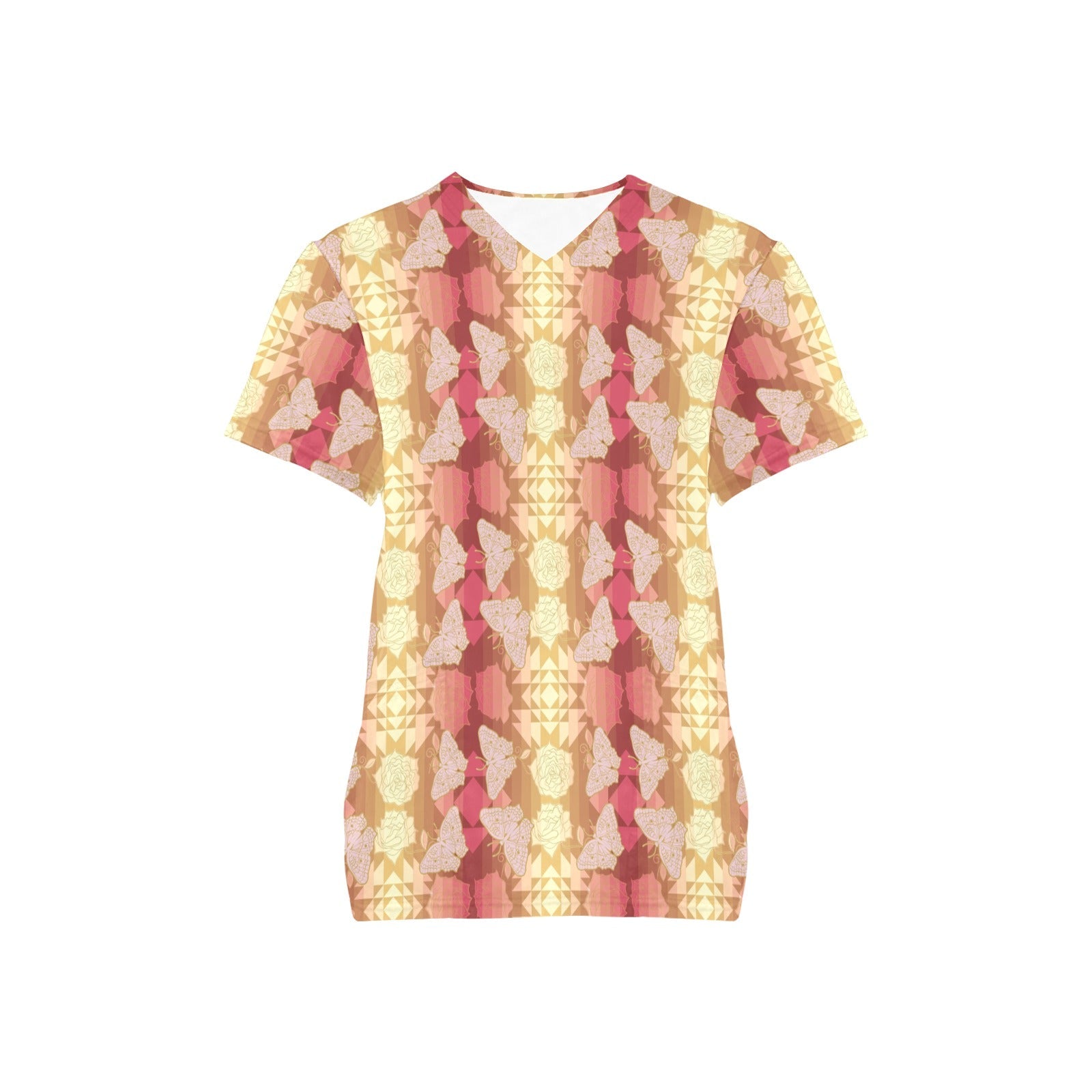 Butterfly and Roses on Geometric All Over Print Scrub Top Scrub Top e-joyer