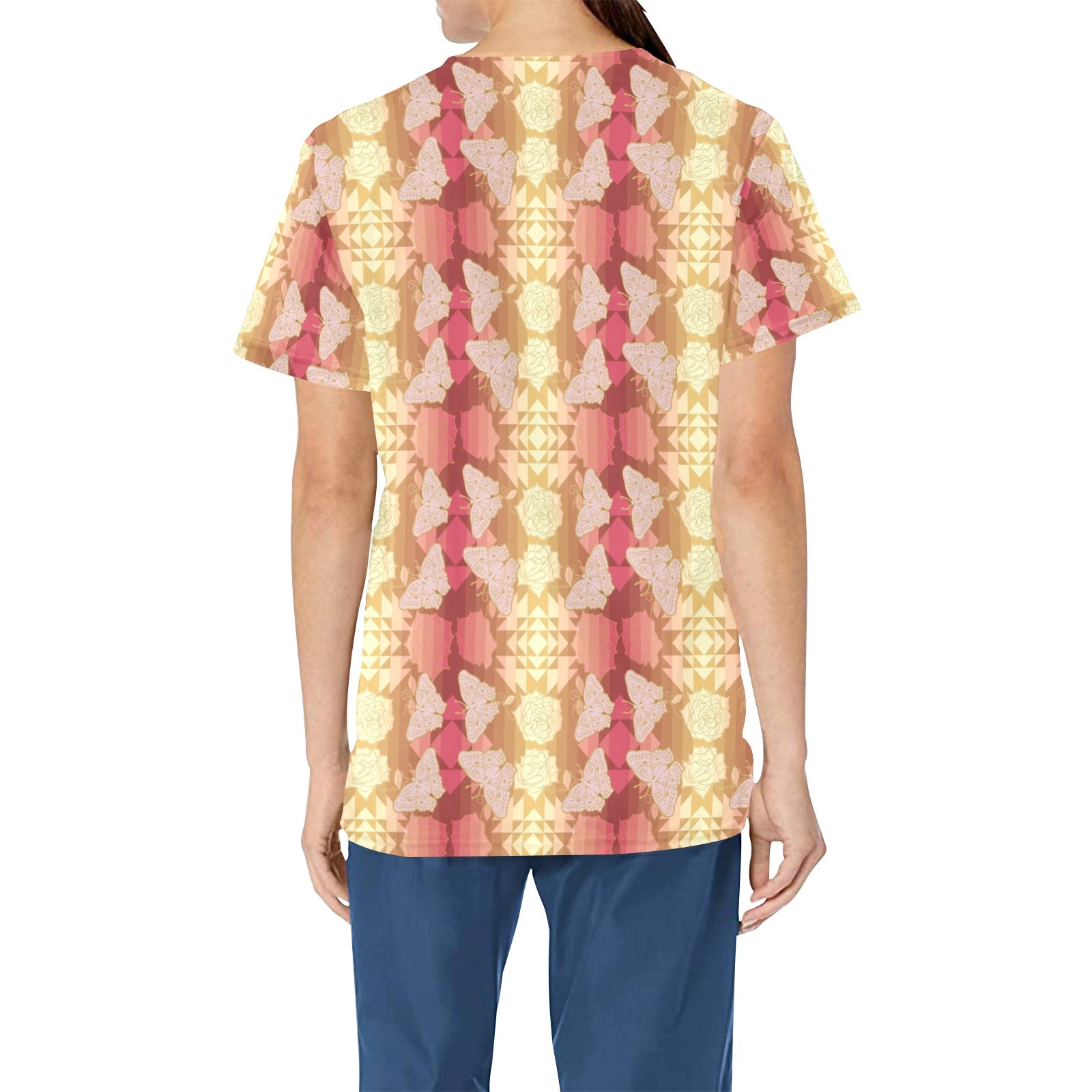 Butterfly and Roses on Geometric All Over Print Scrub Top Scrub Top e-joyer