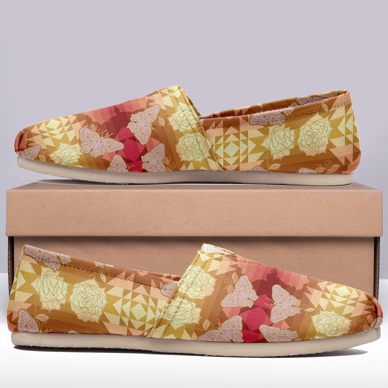 Butterfly and Roses on Geometric Casual Unisex Slip On Shoe Herman