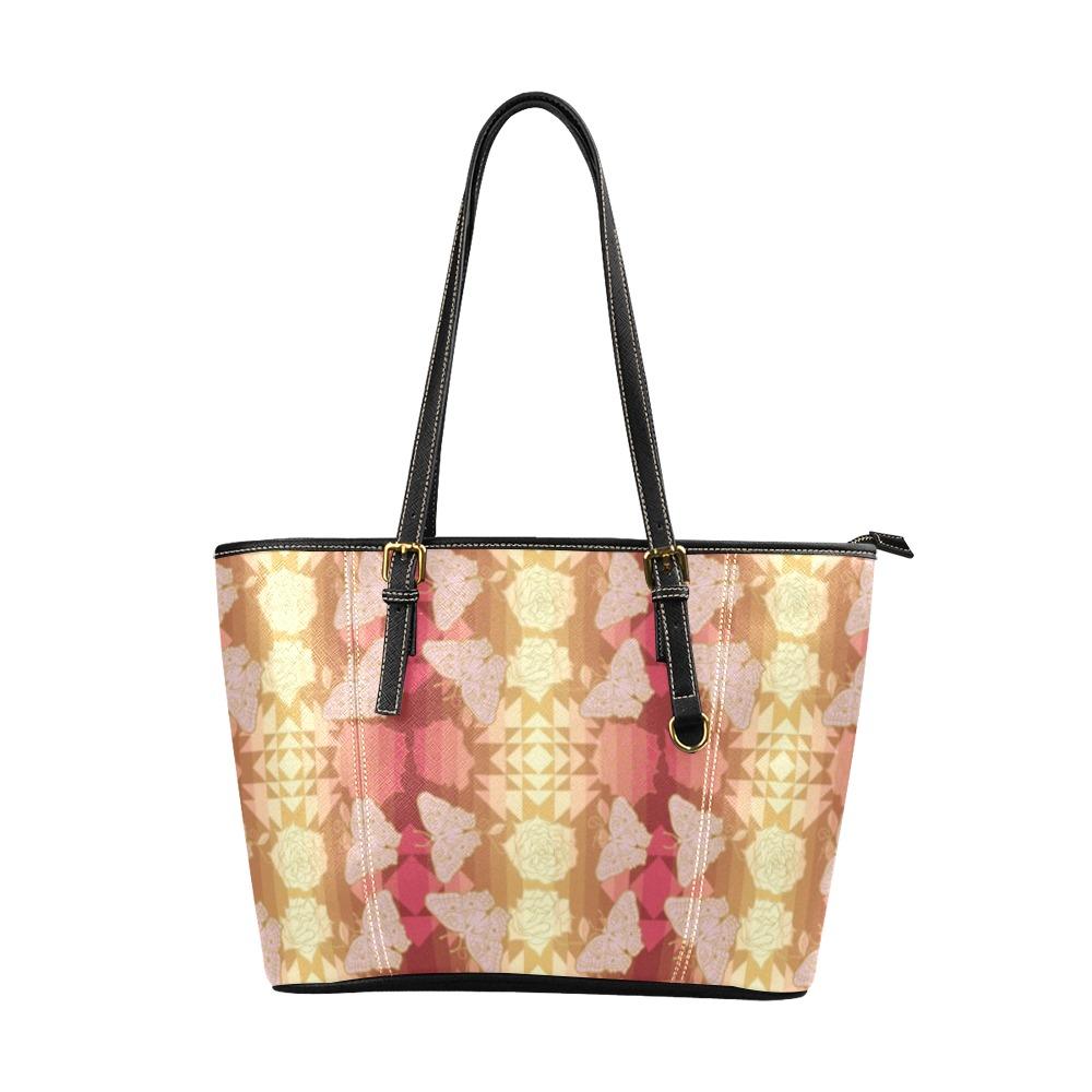 Butterfly and Roses on Geometric Leather Tote Bag/Large (Model 1640) bag e-joyer