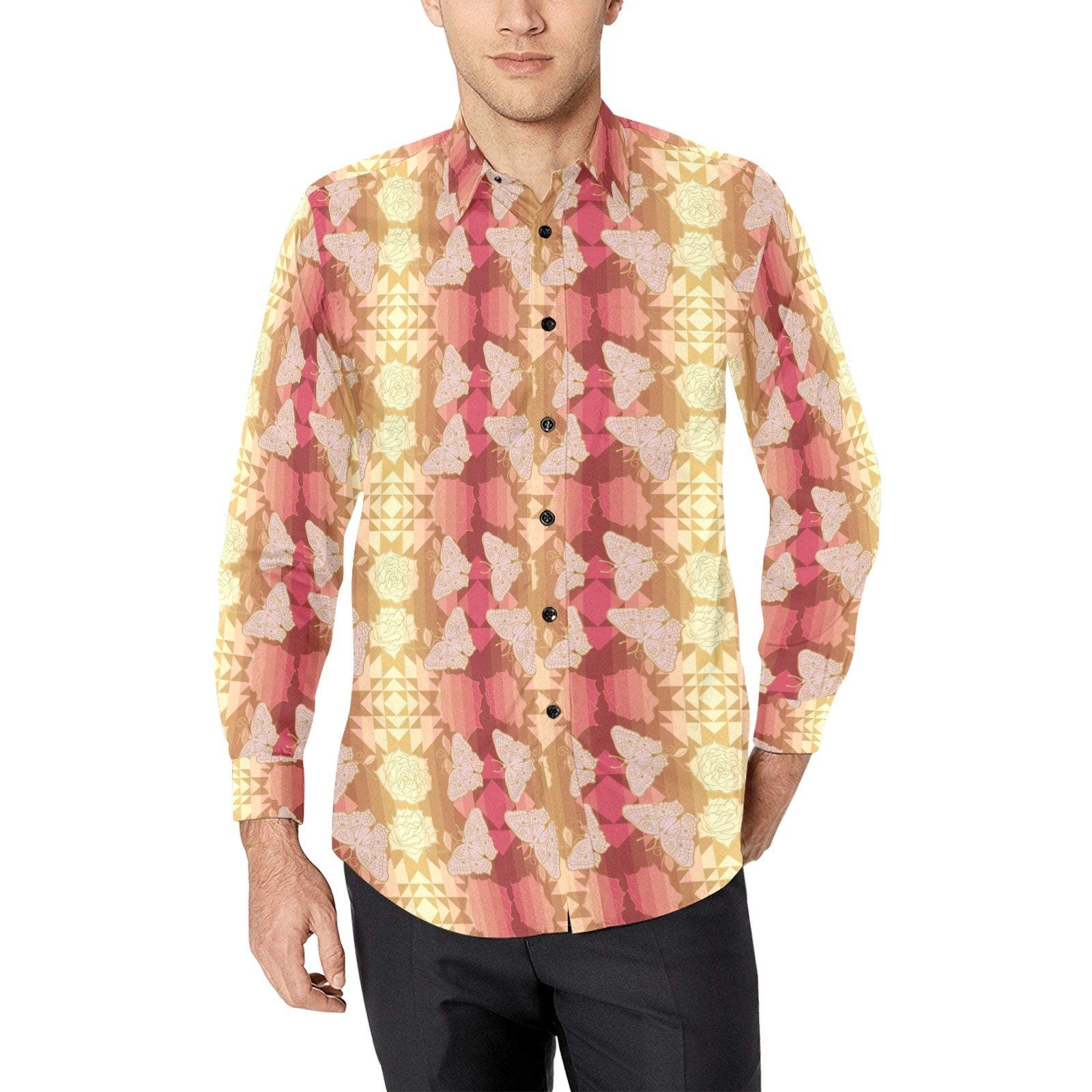 Butterfly and Roses on Geometric Dress Shirt