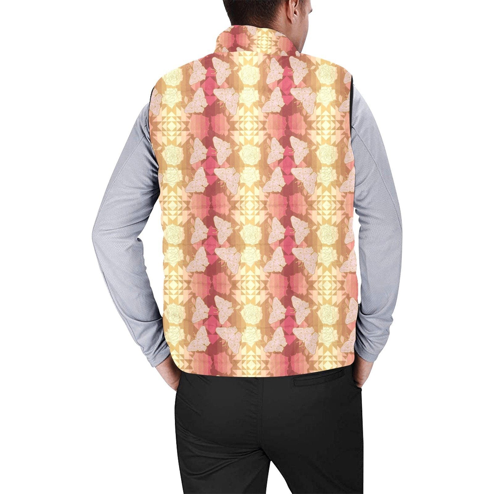 Butterfly and Roses on Geometric Men's Padded Vest Jacket (Model H44) Men's Padded Vest Jacket (H44) e-joyer