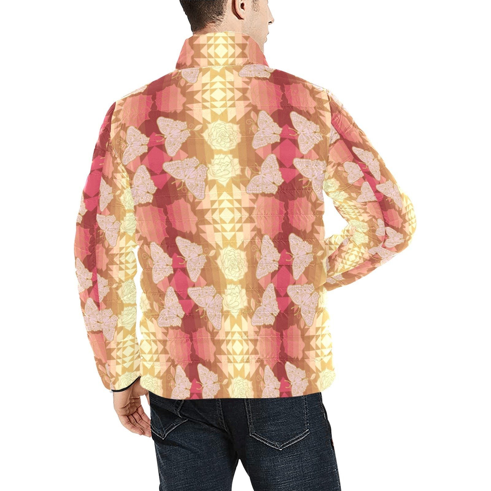 Butterfly and Roses on Geometric Men's Stand Collar Padded Jacket (Model H41) Men's Stand Collar Padded Jacket (H41) e-joyer