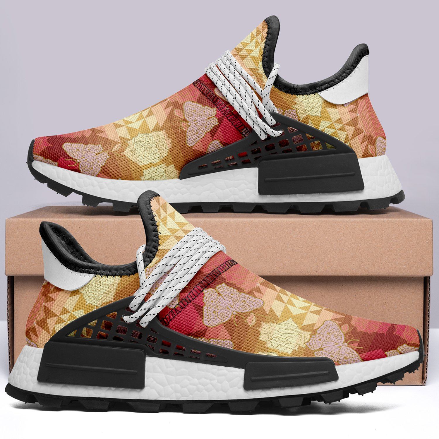 Butterfly and Roses on Geometric Okaki Sneakers Shoes Herman