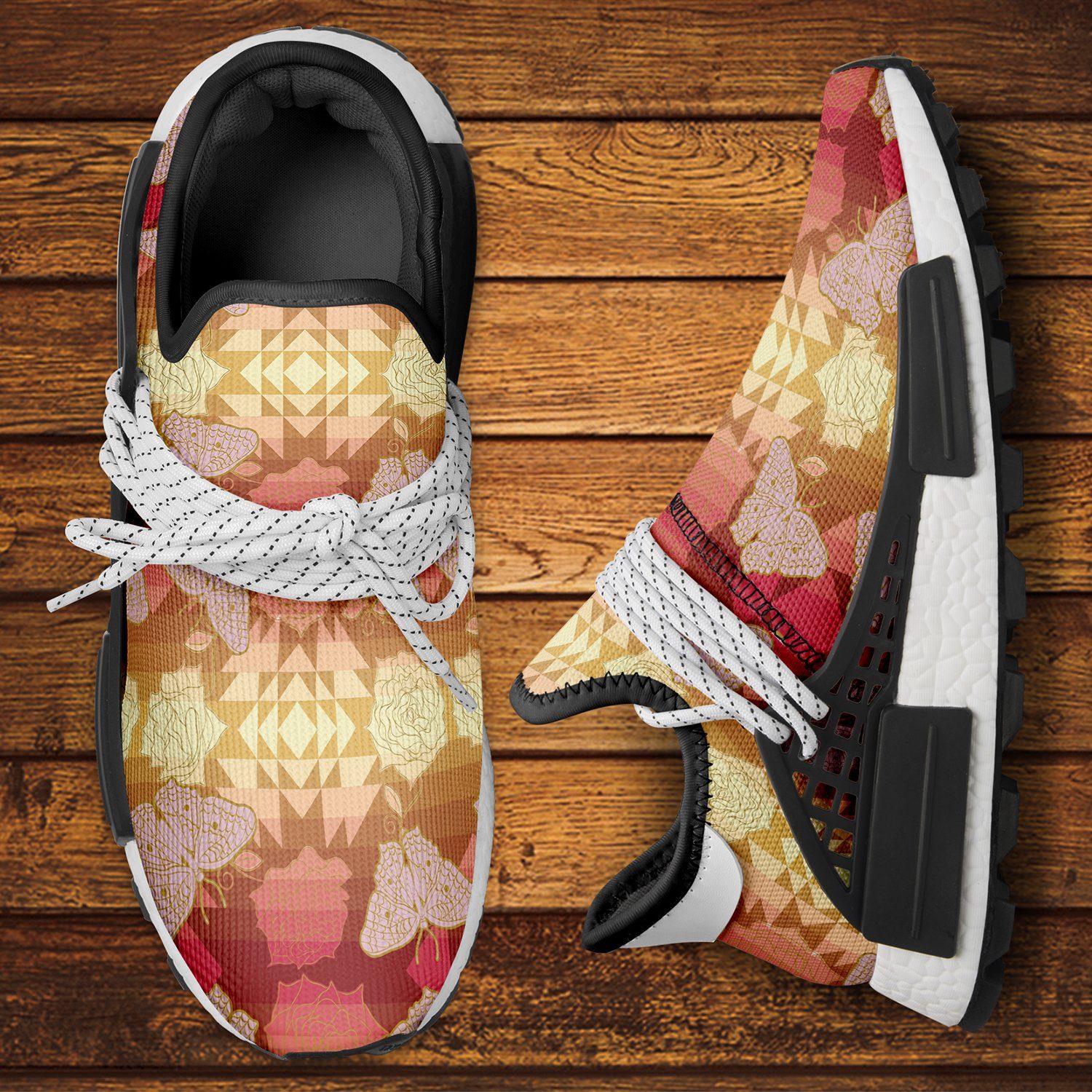 Butterfly and Roses on Geometric Okaki Sneakers Shoes Herman