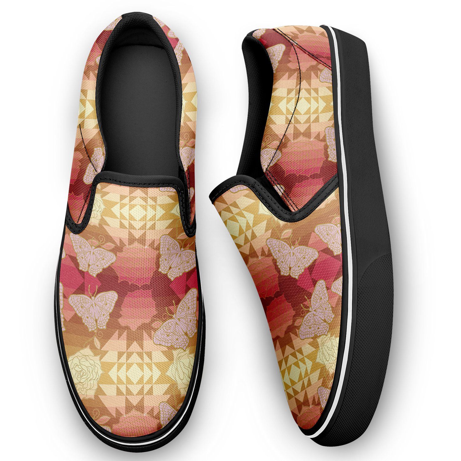 Butterfly and Roses on Geometric Otoyimm Canvas Slip On Shoes otoyimm Herman