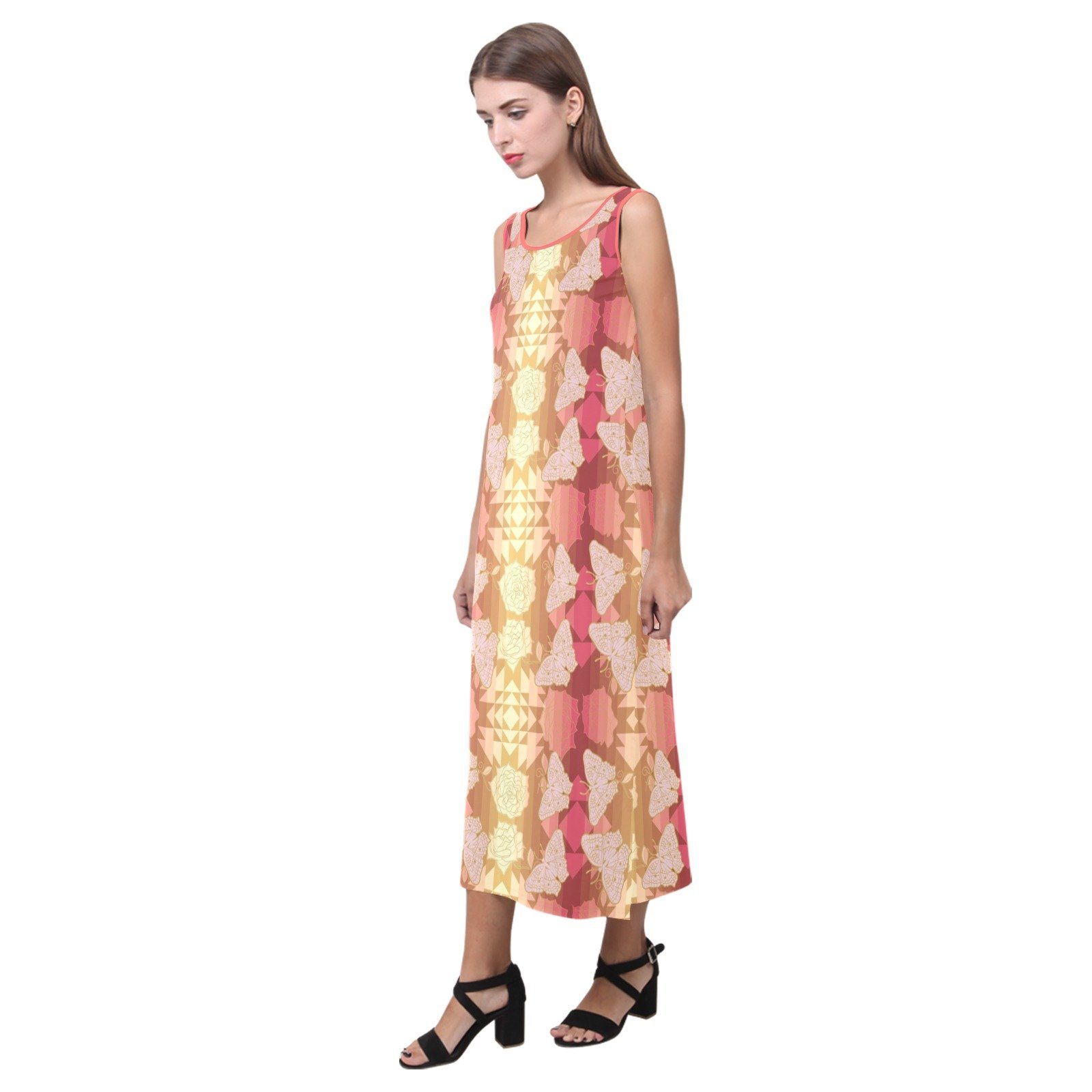 Butterfly and Roses on Geometric Phaedra Sleeveless Open Fork Long Dress (Model D08) dress e-joyer