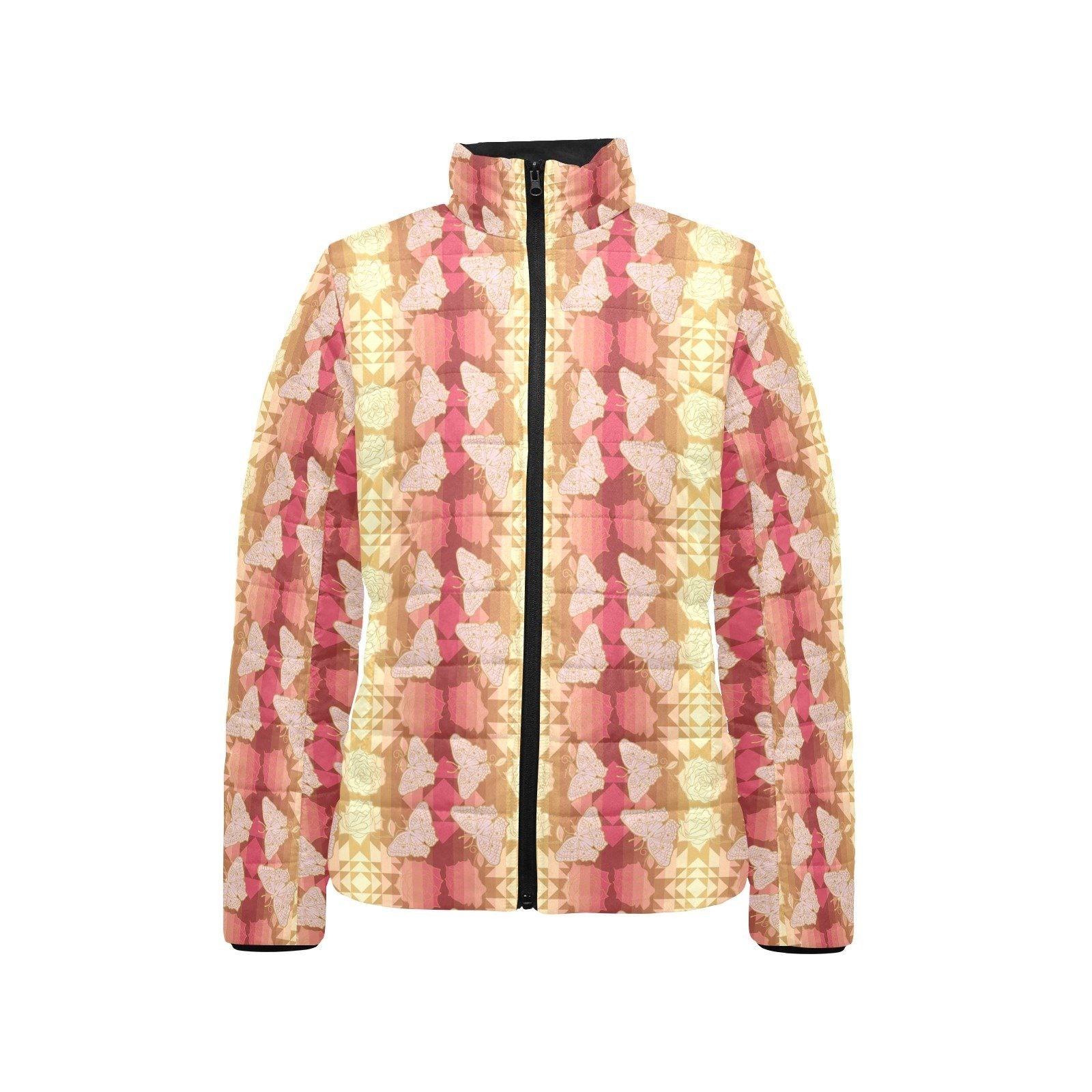 Butterfly and Roses on Geometric Women's Stand Collar Padded Jacket (Model H41) jacket e-joyer