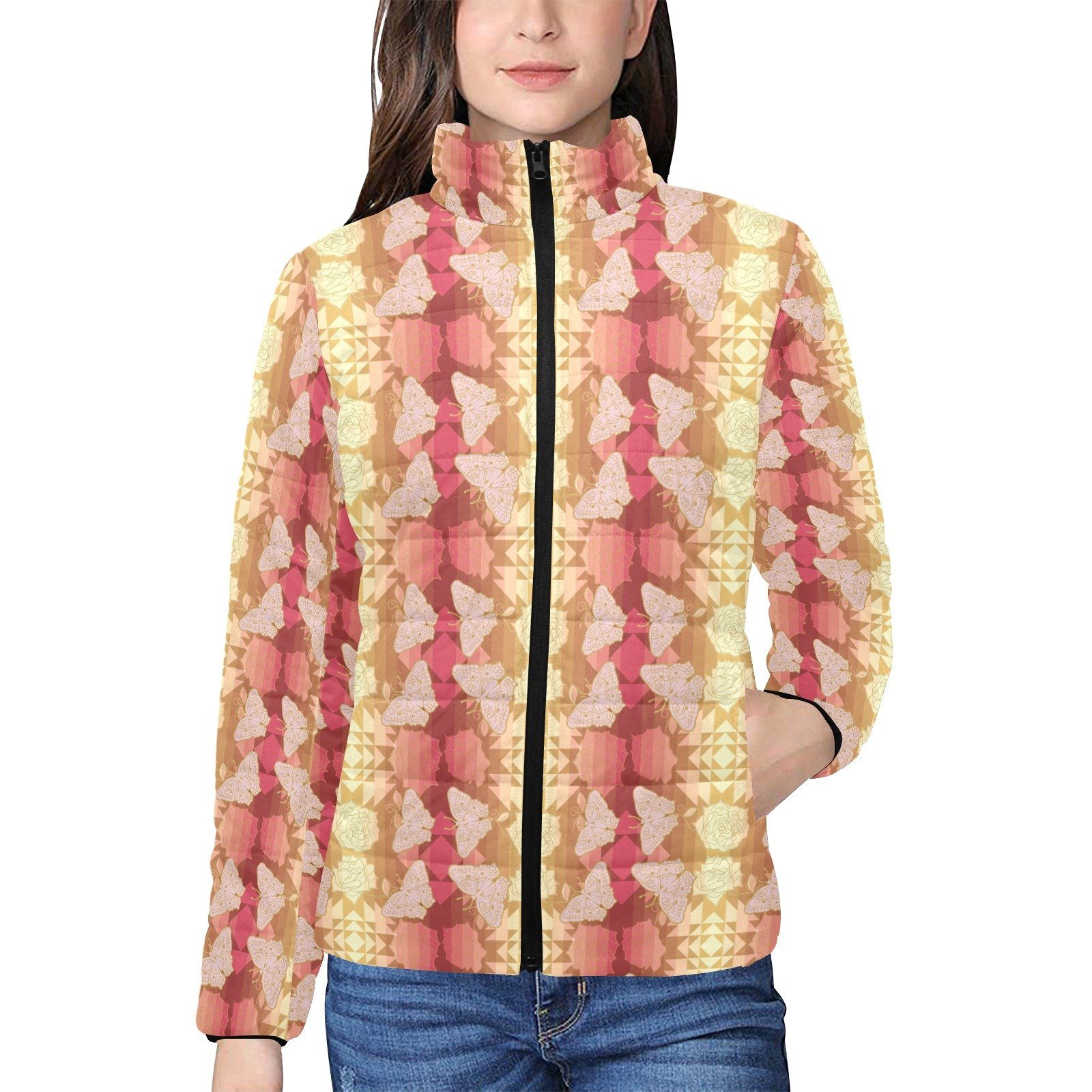 Butterfly and Roses on Geometric Women's Stand Collar Padded Jacket (Model H41) jacket e-joyer