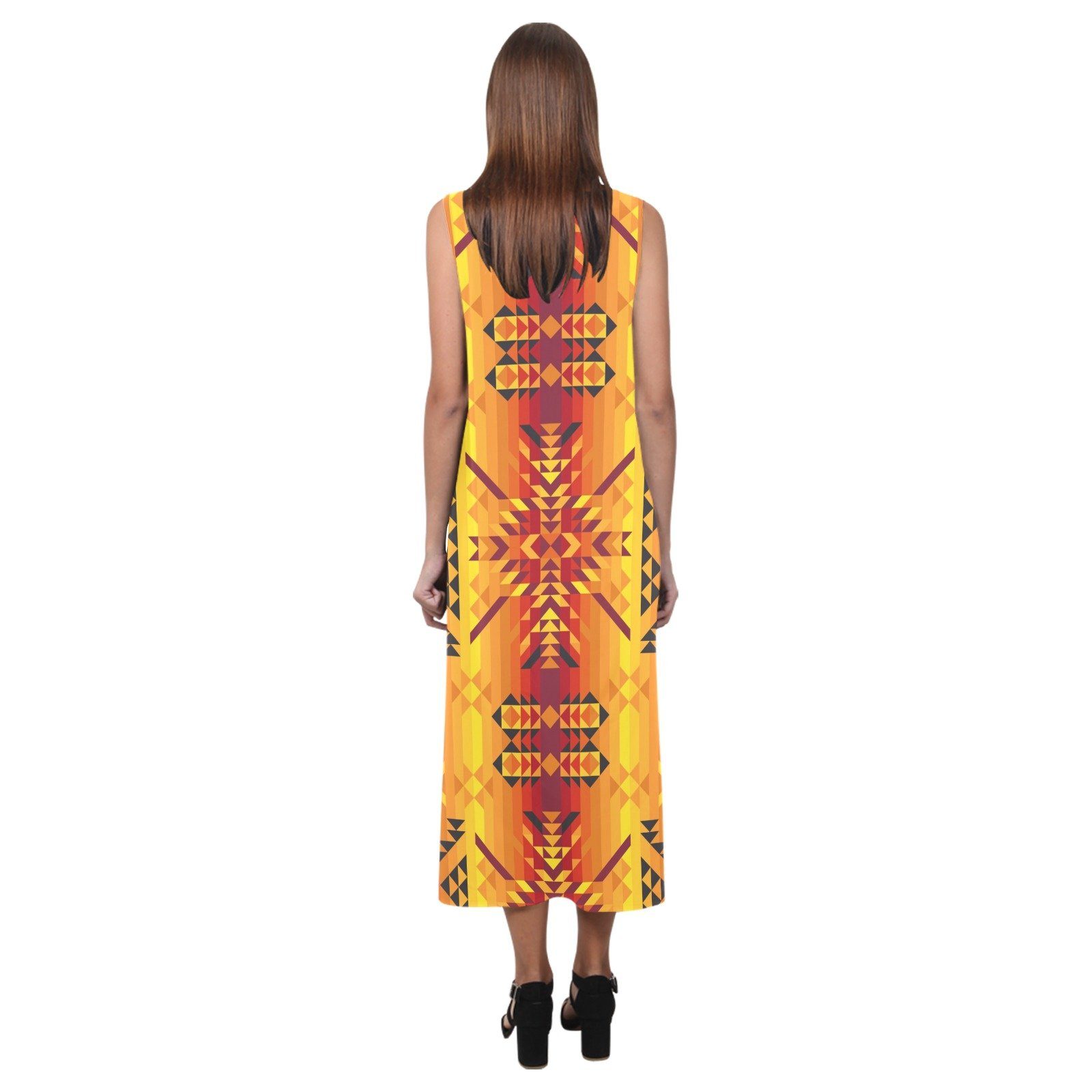 Desert Geo Yellow Red Phaedra Sleeveless Open Fork Long Dress (Model D08) Phaedra Sleeveless Open Fork Long Dress (D08) e-joyer