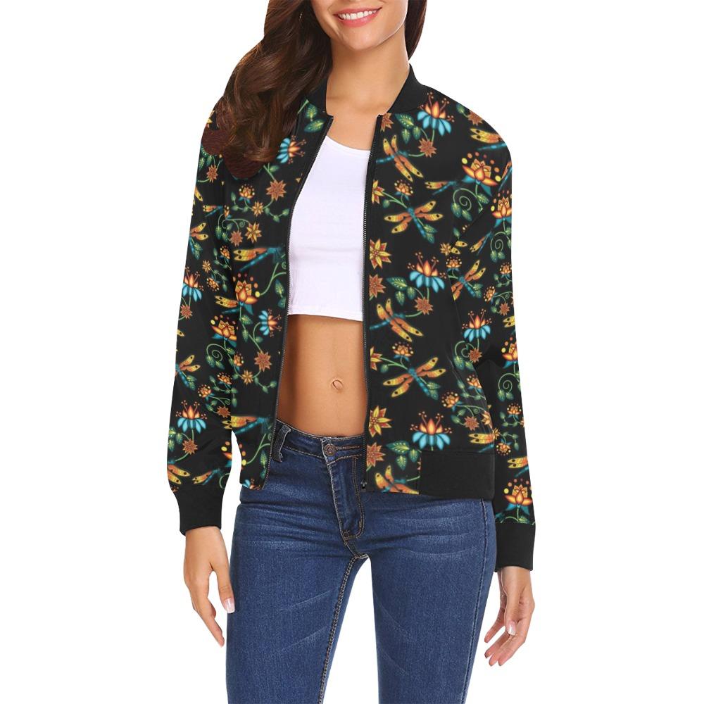 Dragon Lily Noir All Over Print Bomber Jacket for Women (Model H19) Jacket e-joyer