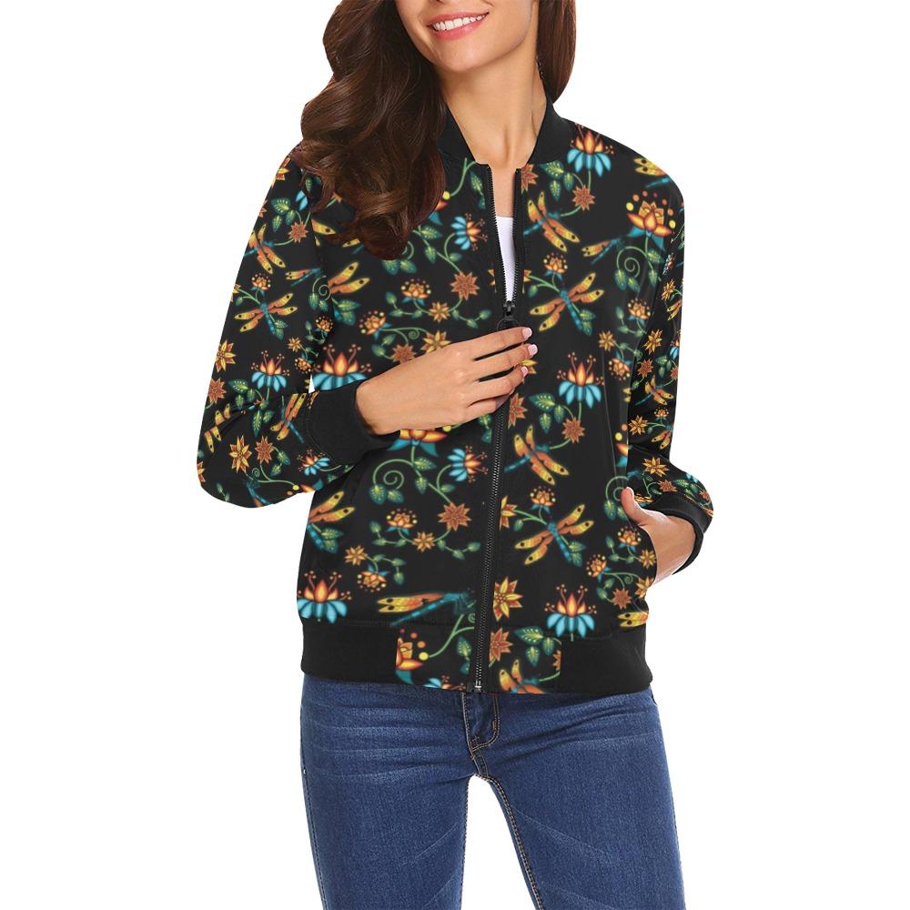 Dragon Lily Noir All Over Print Bomber Jacket for Women (Model H19) Jacket e-joyer