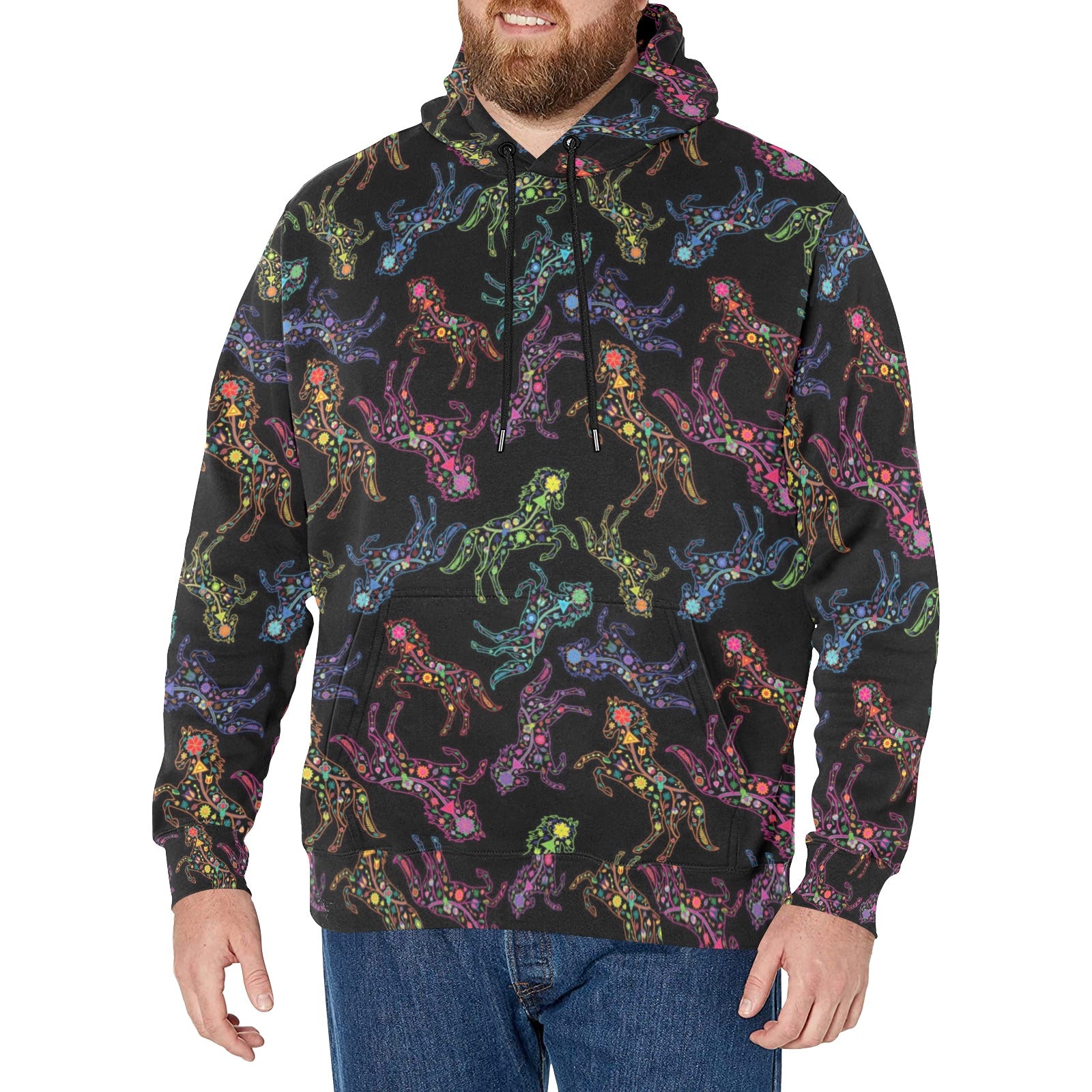 Neon Floral Horses Men's Long Sleeve Fleece Hoodie