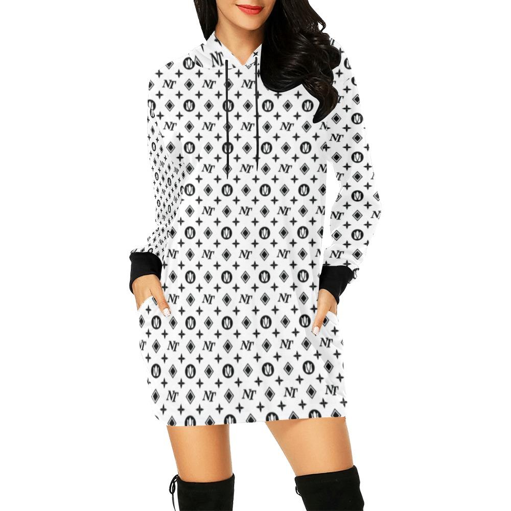 Fancy NT Pattern Black on White All Over Print Hoodie Mini Dress (Model H27) All Over Print Hoodie Mini Dress (H27) e-joyer