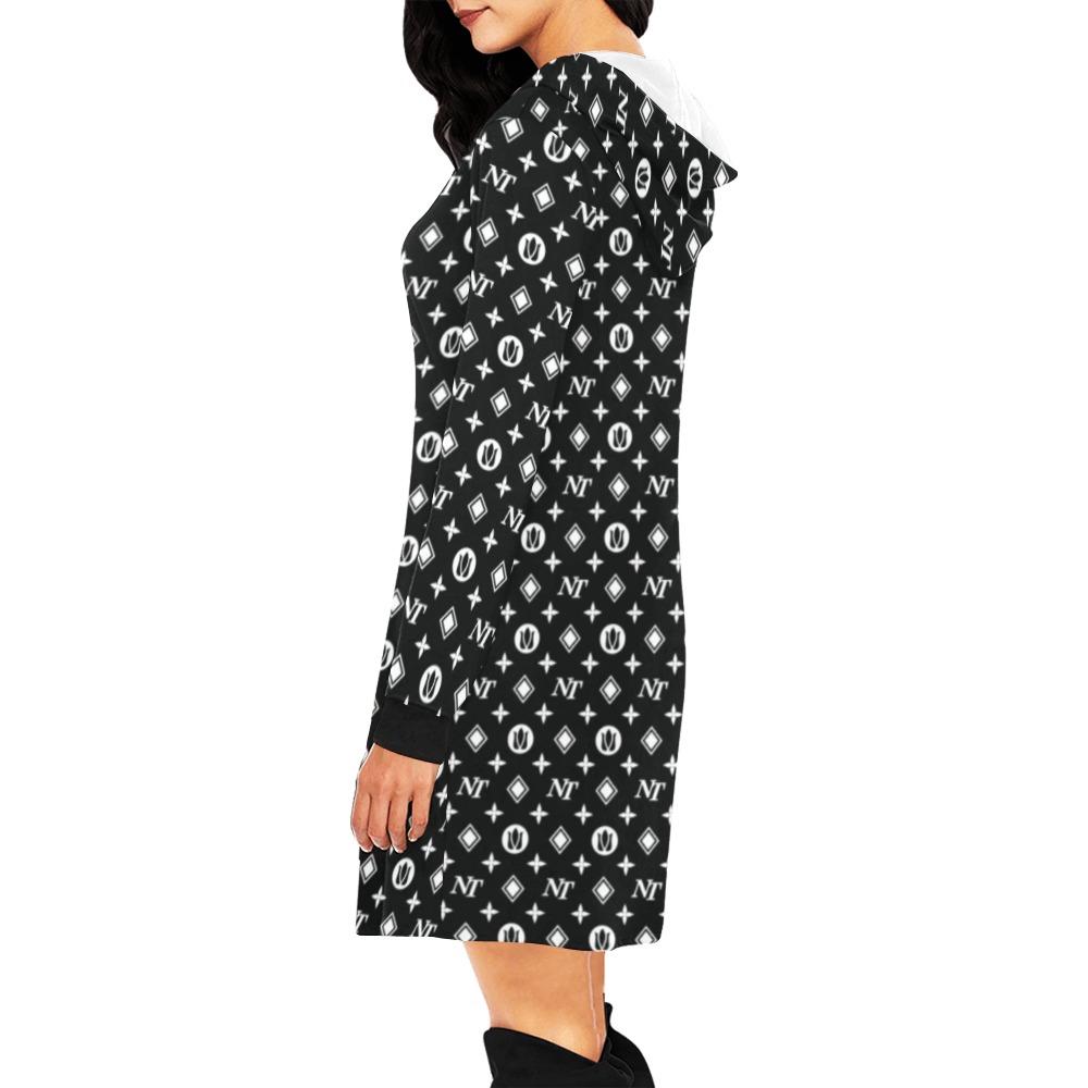 Fancy NT Pattern White on Black All Over Print Hoodie Mini Dress (Model H27) All Over Print Hoodie Mini Dress (H27) e-joyer