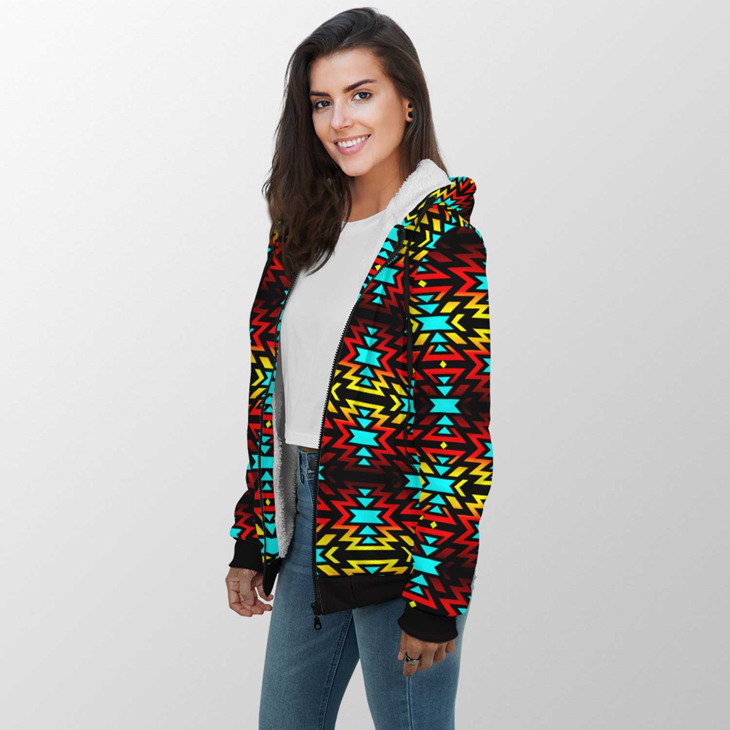 Fire Colors and Turquoise Bearpaw Sherpa Hoodie 49 Dzine