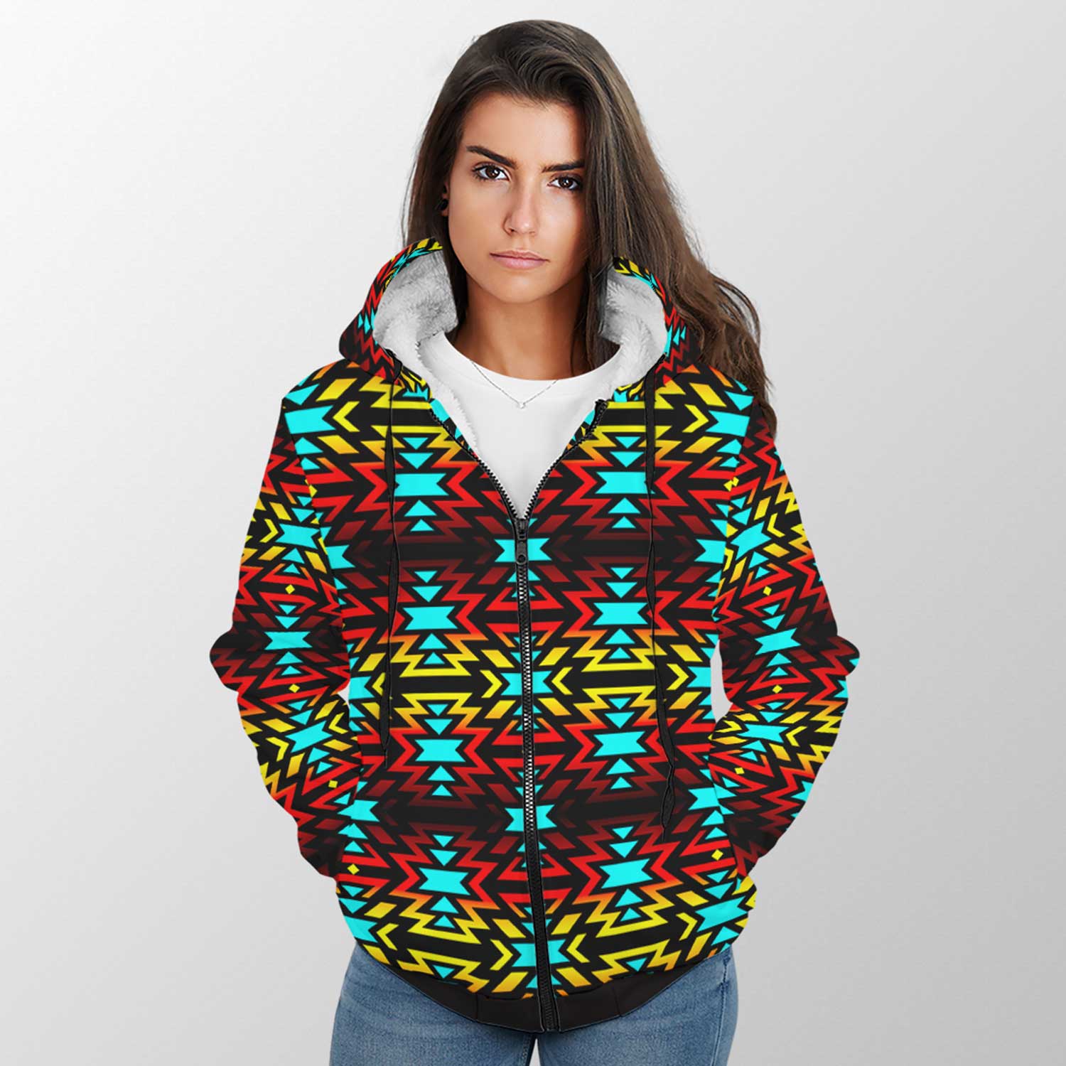Fire Colors and Turquoise Bearpaw Sherpa Hoodie 49 Dzine