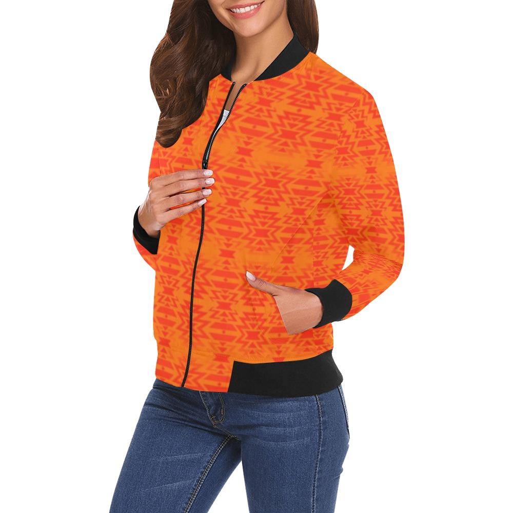 Fire Colors and Turquoise Orange A feather for each All Over Print Bomber Jacket for Women (Model H19) All Over Print Bomber Jacket for Women (H19) e-joyer
