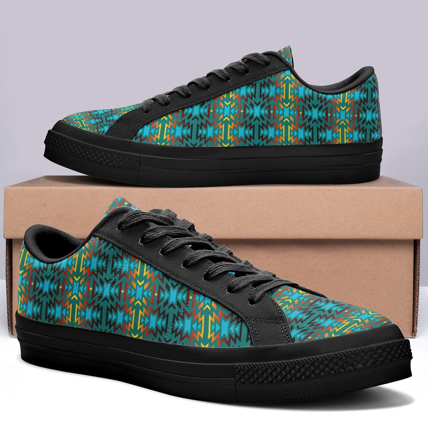 Fire Colors and Turquoise Teal Aapisi Low Top Canvas Shoes Black Sole 49 Dzine