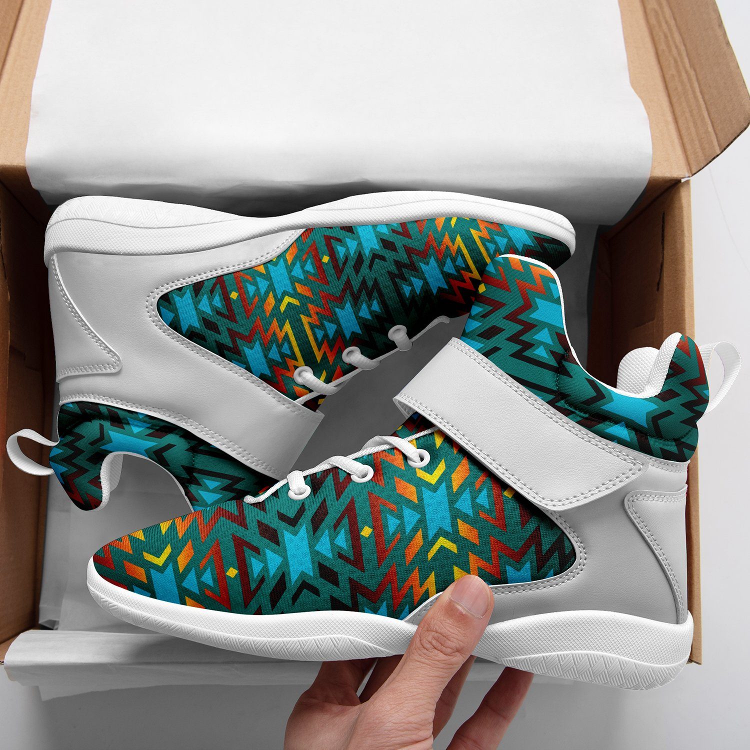 Fire Colors and Turquoise Teal Ipottaa Basketball / Sport High Top Shoes 49 Dzine