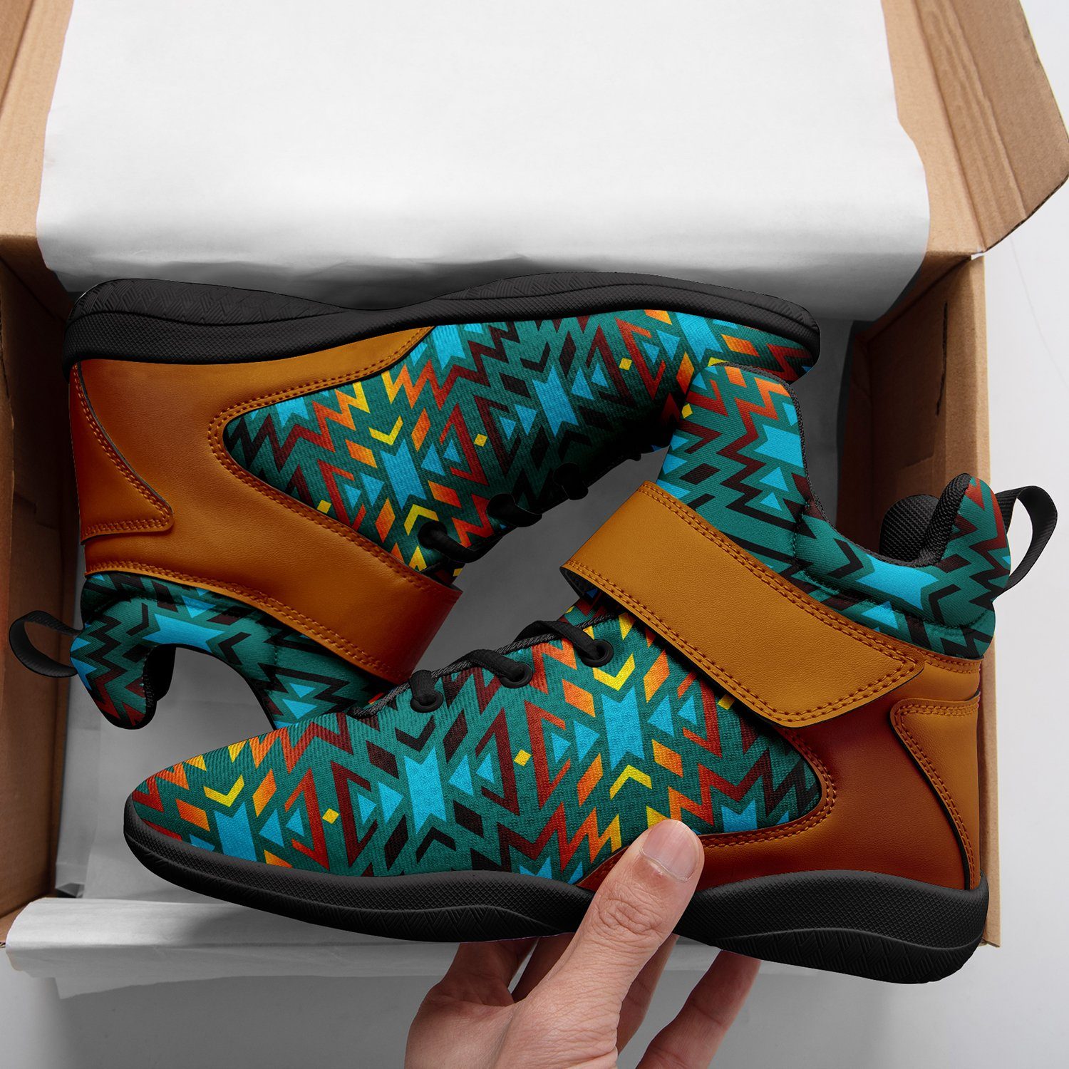 Fire Colors and Turquoise Teal Ipottaa Basketball / Sport High Top Shoes 49 Dzine