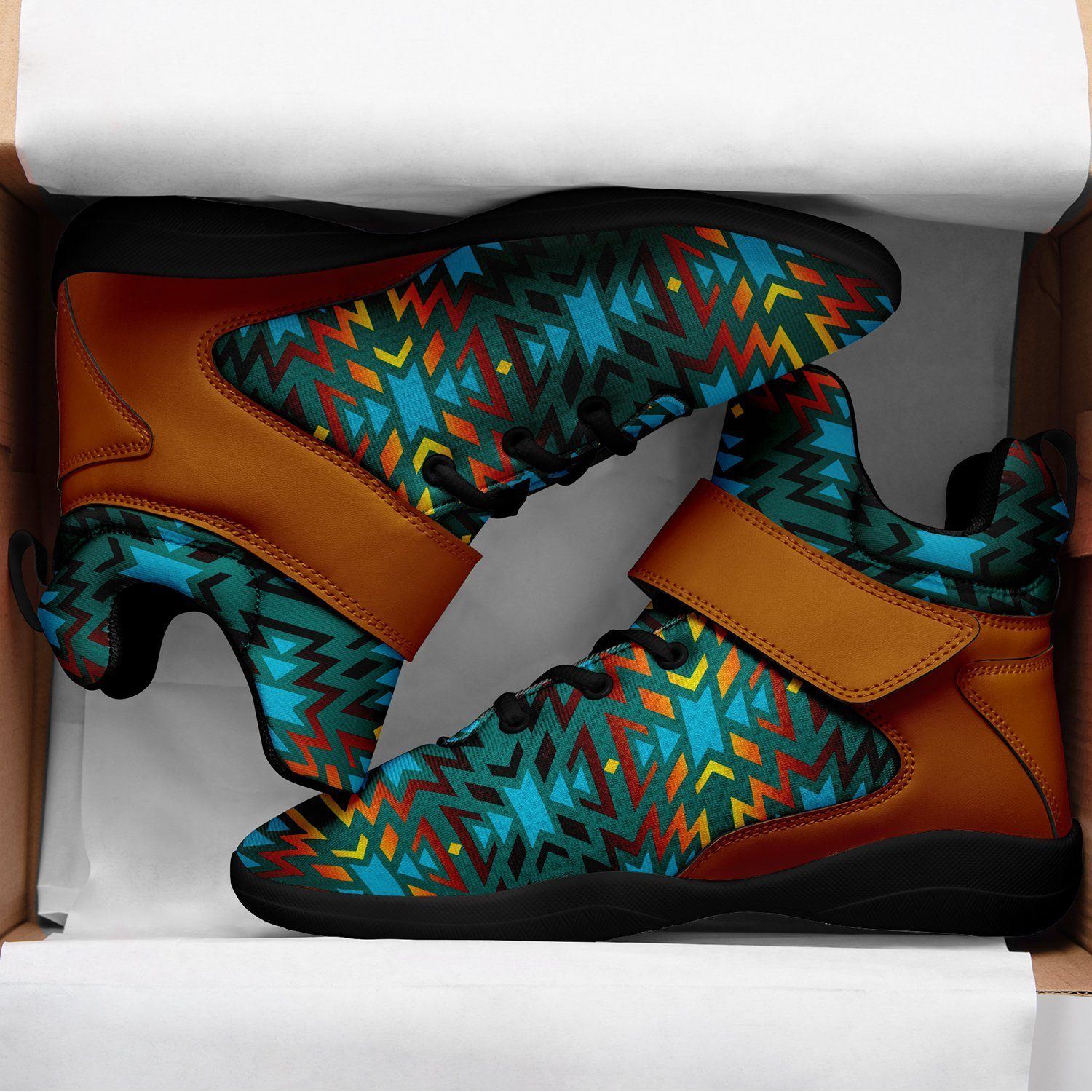 Fire Colors and Turquoise Teal Ipottaa Basketball / Sport High Top Shoes - Black Sole 49 Dzine