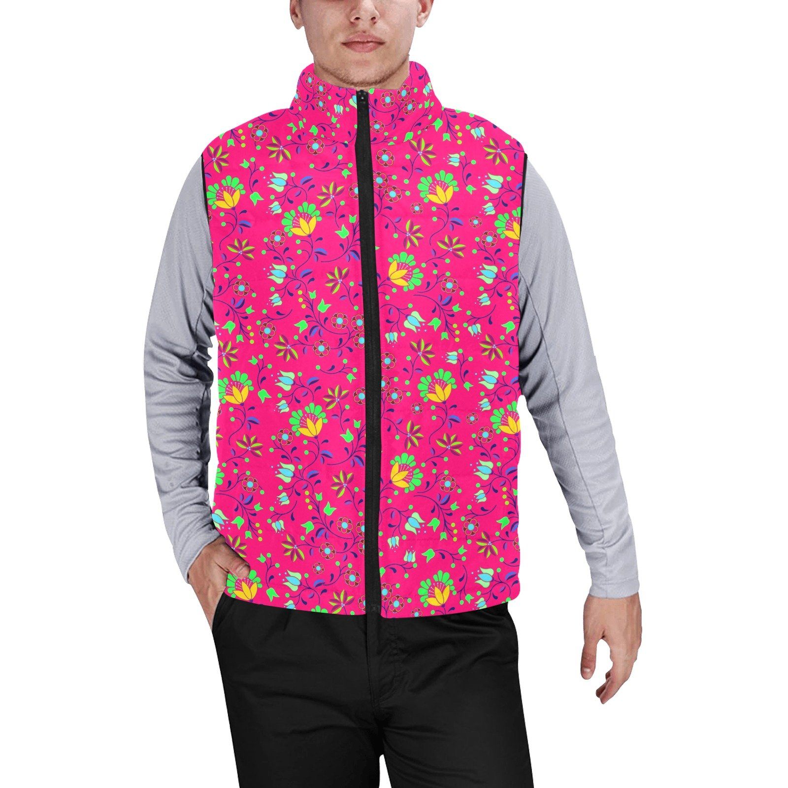 Fleur Indigine Rouge Men's Padded Vest Jacket (Model H44) Men's Padded Vest Jacket (H44) e-joyer