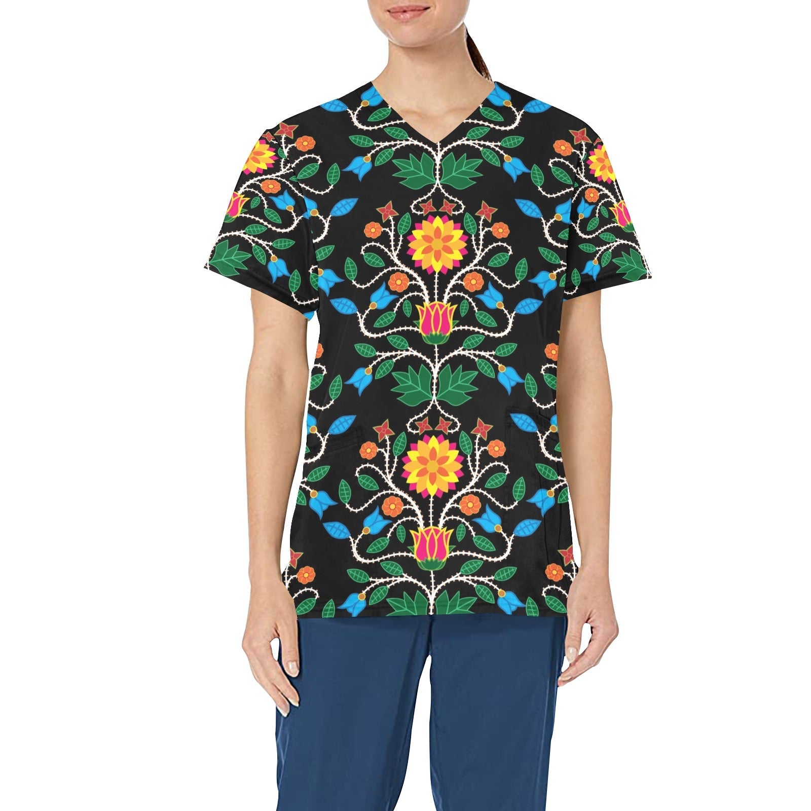 Floral Beadwork Four Clans All Over Print Scrub Top Scrub Top e-joyer