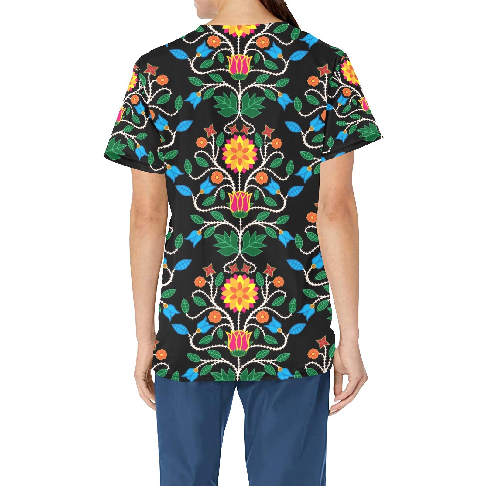 Floral Beadwork Four Clans All Over Print Scrub Top Scrub Top e-joyer
