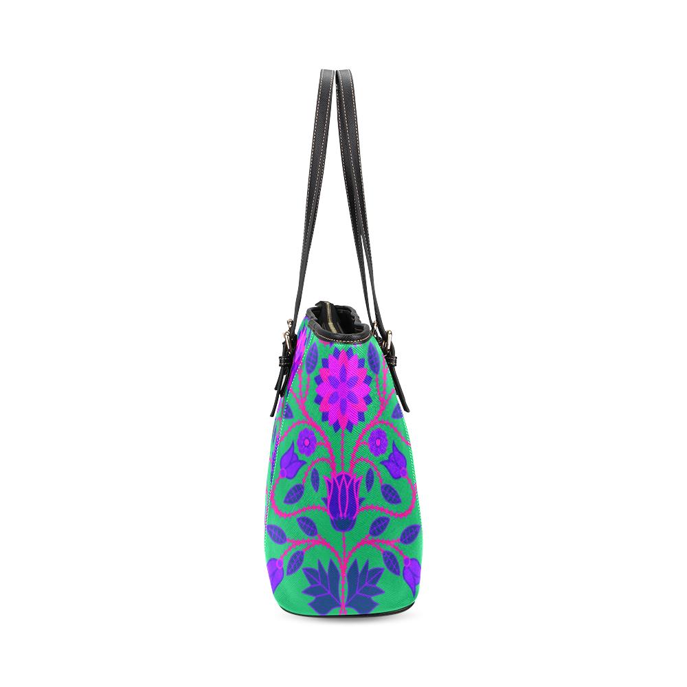 Floral Beadwork Four Clans Teal Leather Tote Bag/Large (Model 1640) Leather Tote Bag (1640) e-joyer