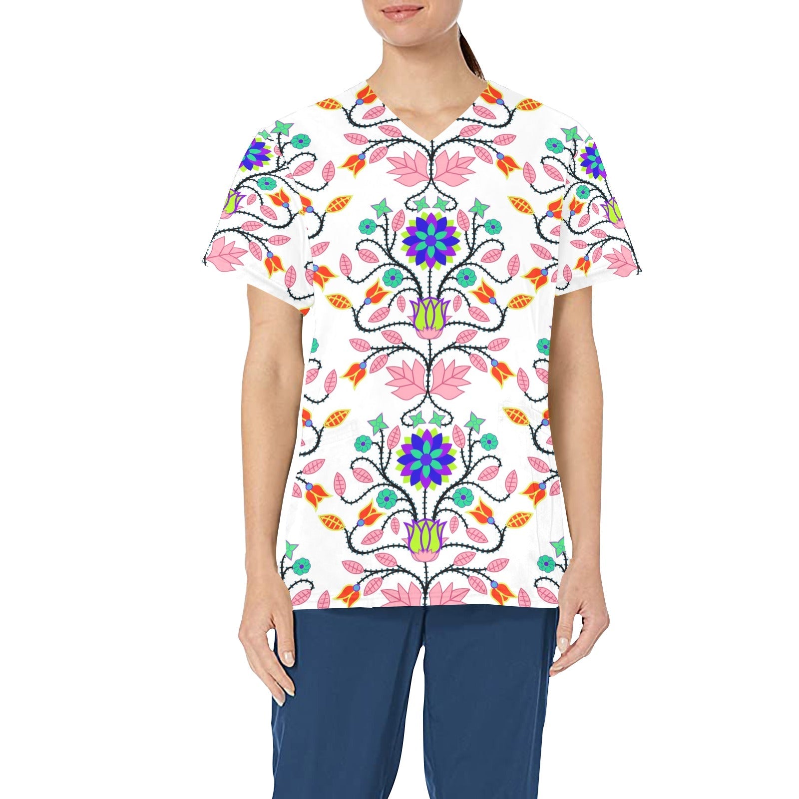 Floral Beadwork Four Clans White All Over Print Scrub Top Scrub Top e-joyer
