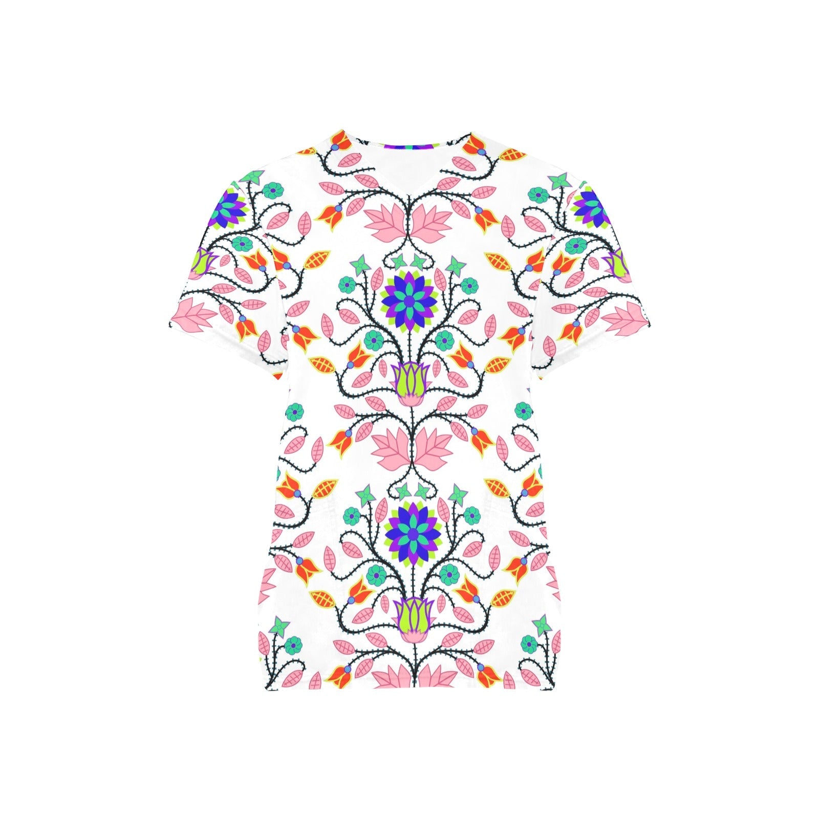 Floral Beadwork Four Clans White All Over Print Scrub Top Scrub Top e-joyer