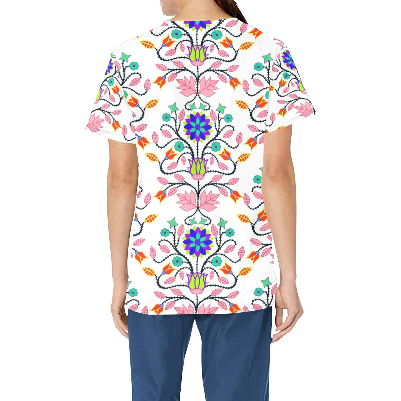 Floral Beadwork Four Clans White All Over Print Scrub Top Scrub Top e-joyer
