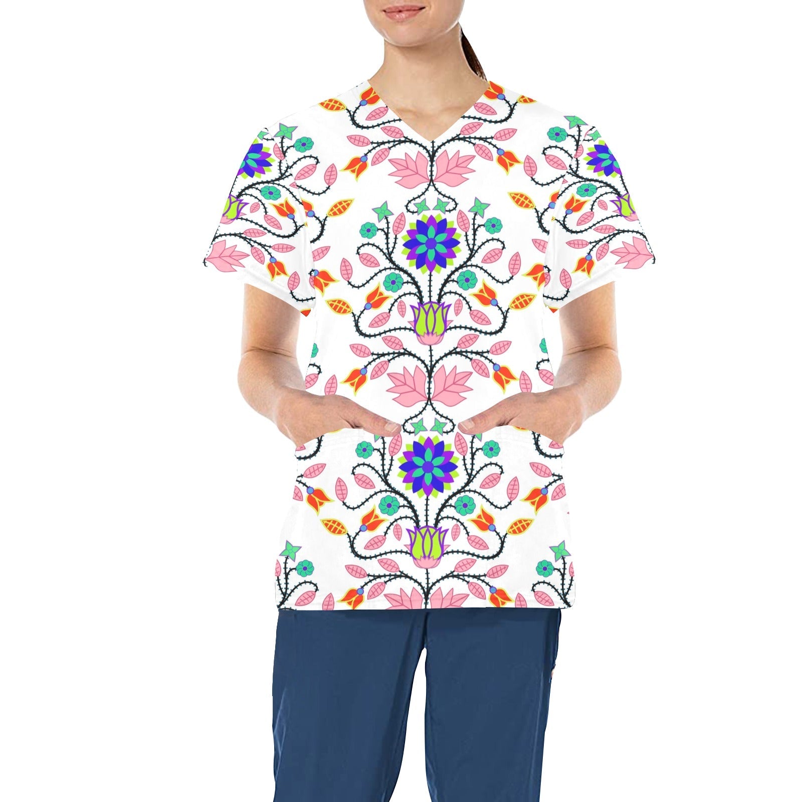 Floral Beadwork Four Clans White All Over Print Scrub Top Scrub Top e-joyer