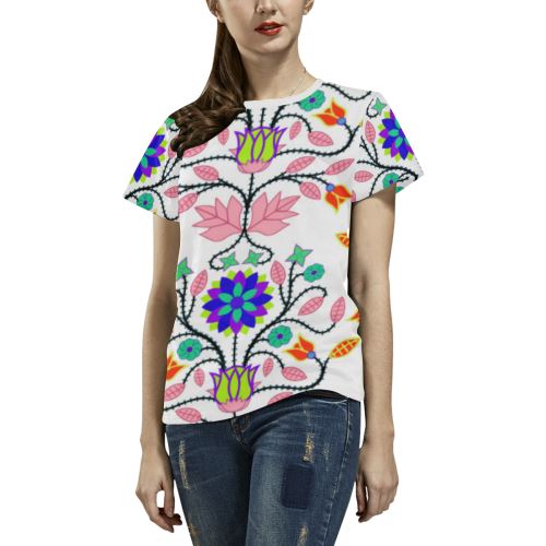 Floral Beadwork Four Clans White All Over Print T-shirt for Women/Large Size (USA Size) (Model T40) All Over Print T-Shirt for Women/Large (T40) e-joyer