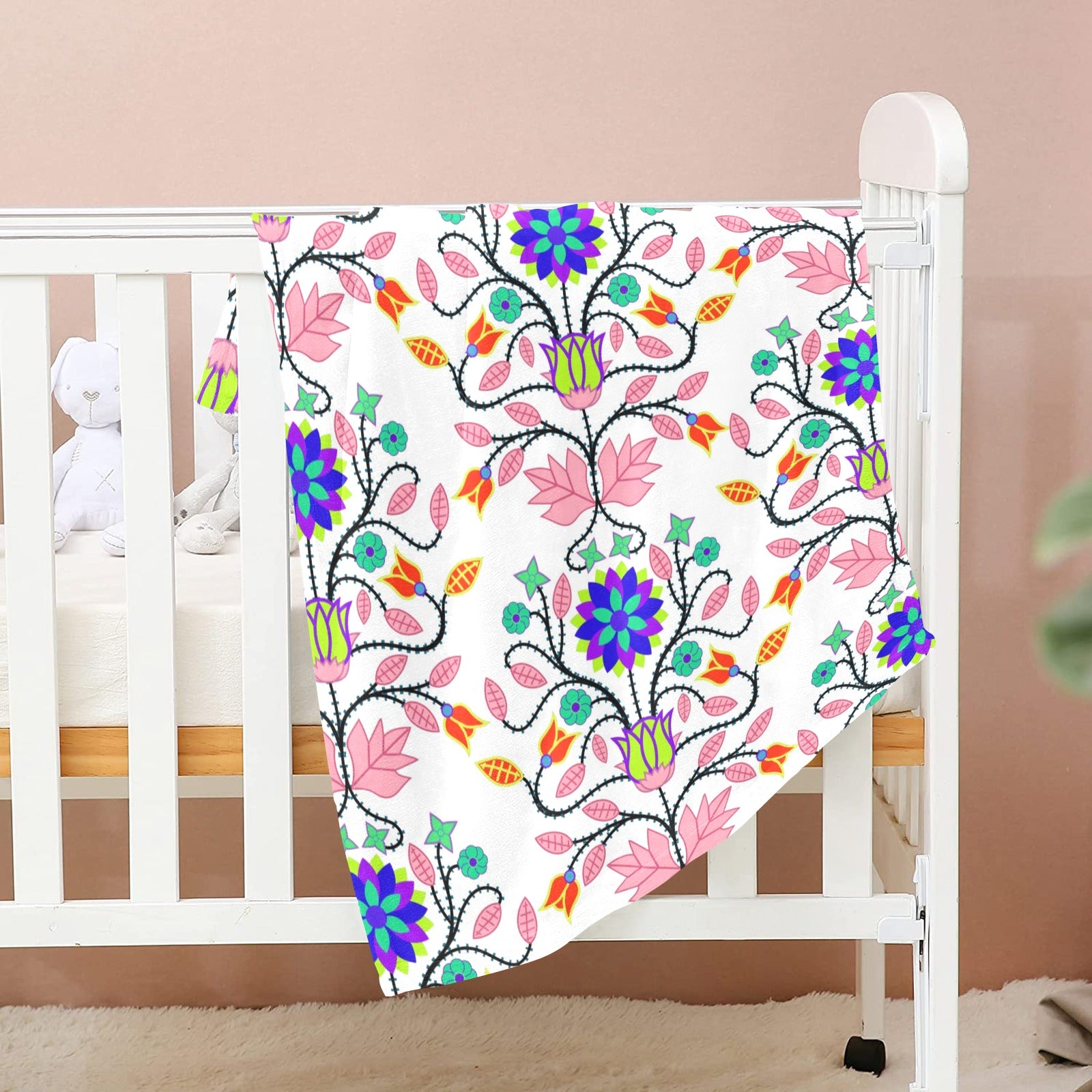 Floral Beadwork Four Clans White Baby Blanket 30"x40" Baby Blanket 30"x40" e-joyer