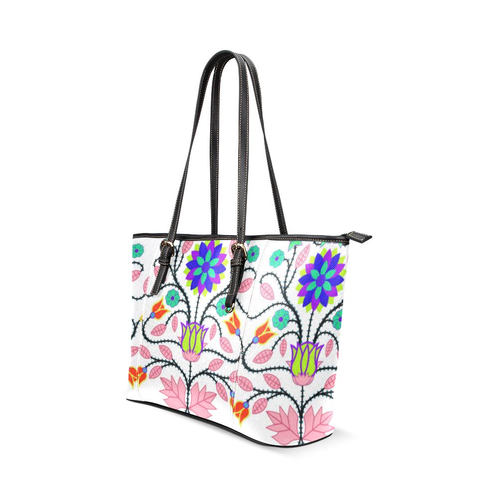 Floral Beadwork Four Clans White Leather Tote Bag/Large (Model 1640) Leather Tote Bag (1640) e-joyer