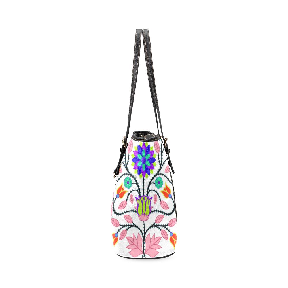 Floral Beadwork Four Clans White Leather Tote Bag/Large (Model 1640) Leather Tote Bag (1640) e-joyer