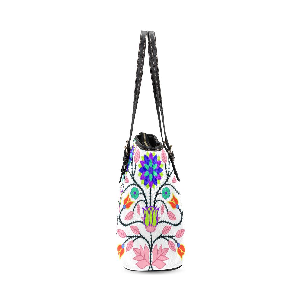 Floral Beadwork Four Clans White Leather Tote Bag/Large (Model 1640) Leather Tote Bag (1640) e-joyer