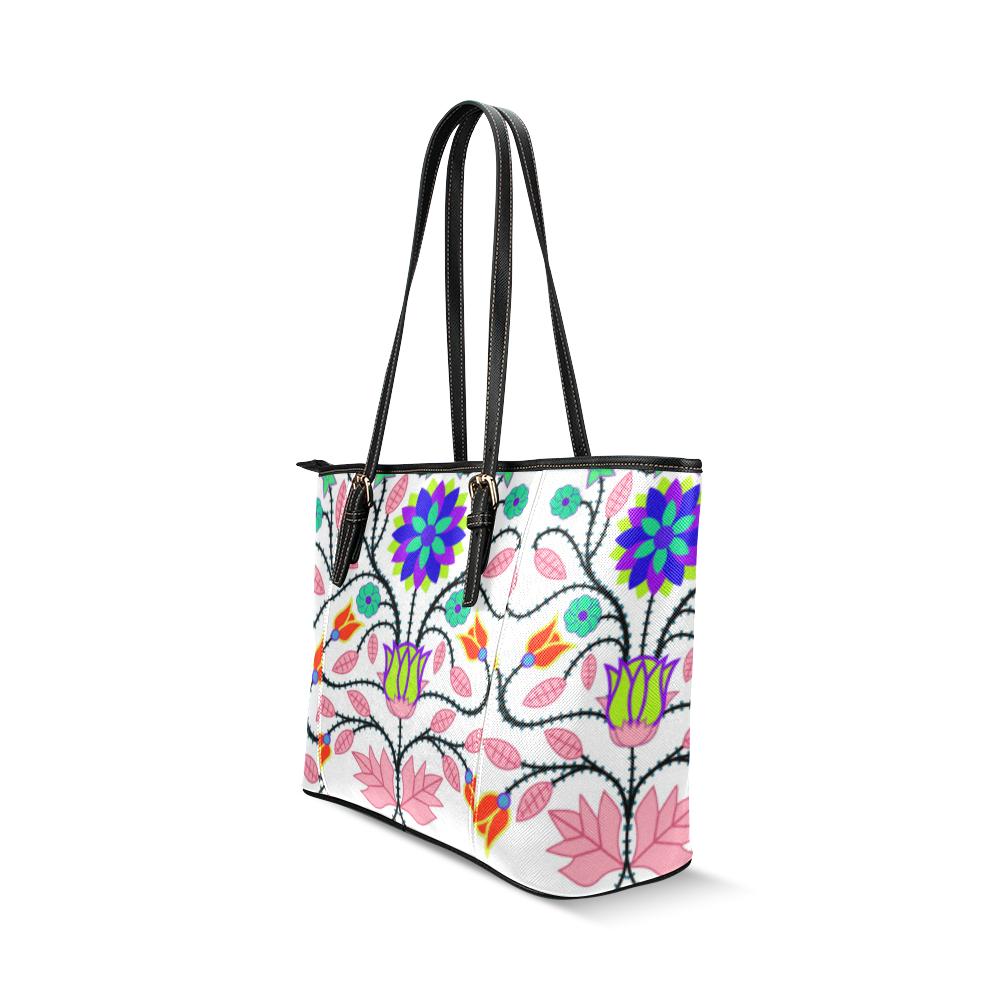 Floral Beadwork Four Clans White Leather Tote Bag/Large (Model 1640) Leather Tote Bag (1640) e-joyer
