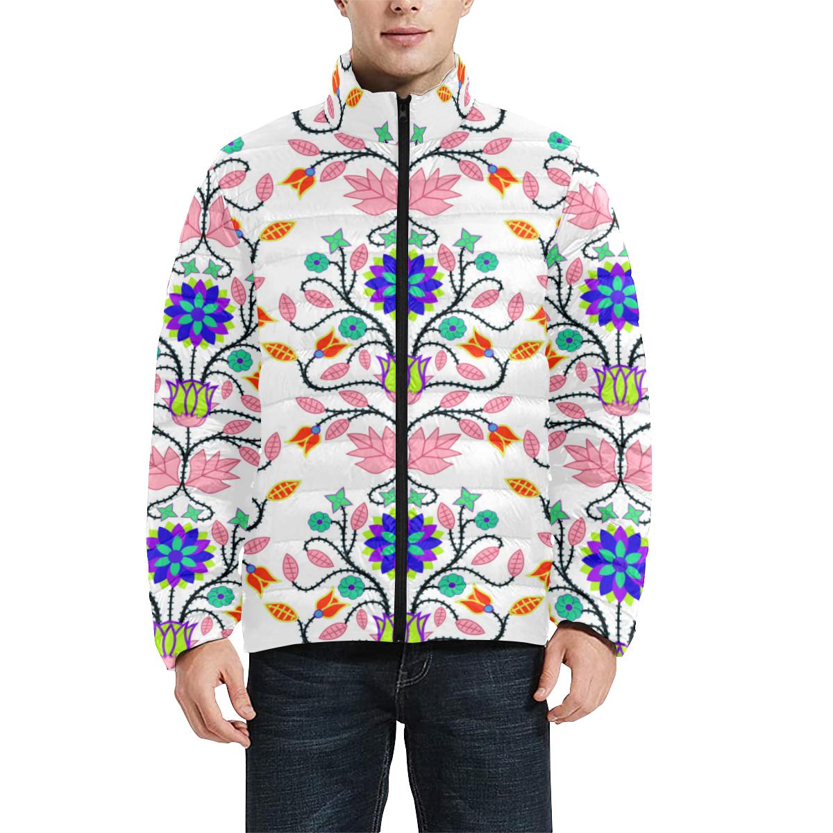 Floral Beadwork Four Clans White Men's Stand Collar Padded Jacket (Model H41) Men's Stand Collar Padded Jacket (H41) e-joyer