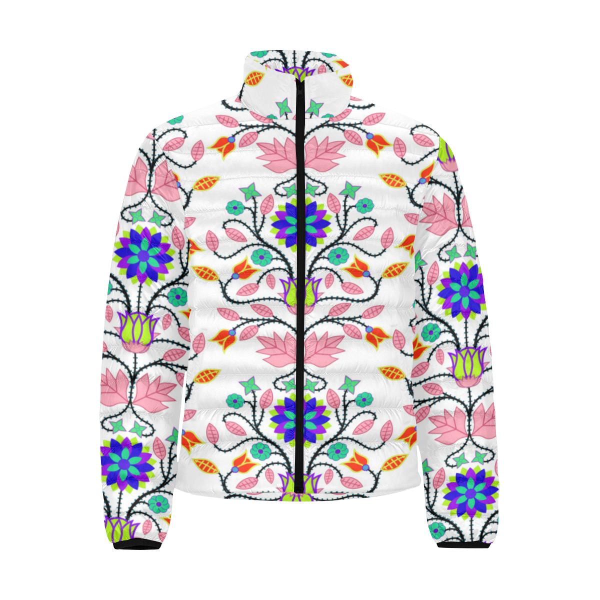 Floral Beadwork Four Clans White Men's Stand Collar Padded Jacket (Model H41) Men's Stand Collar Padded Jacket (H41) e-joyer