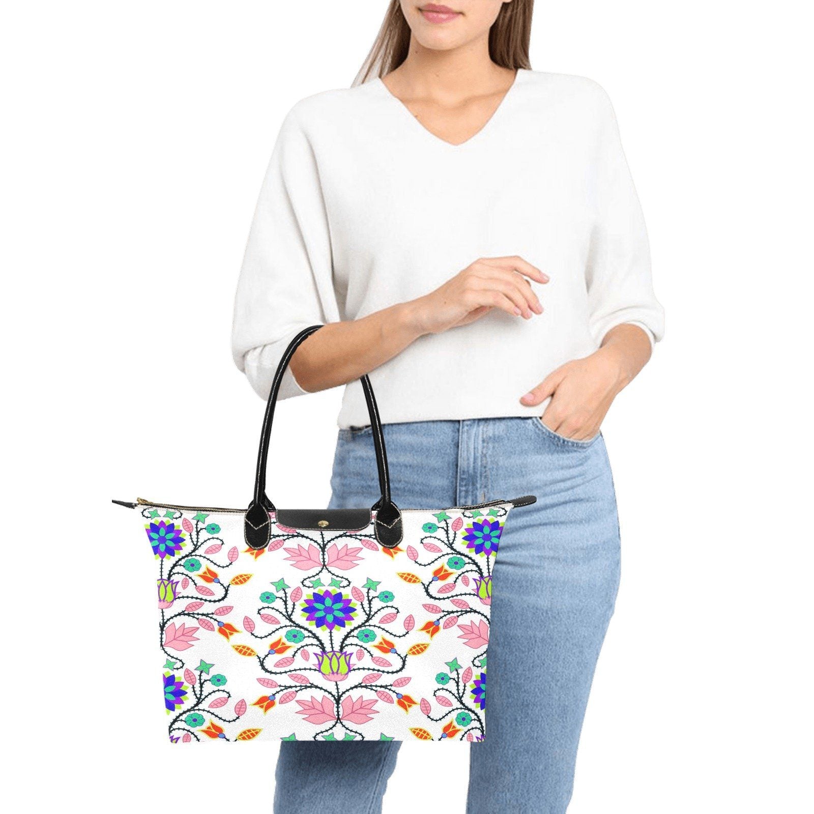 Floral Beadwork Four Clans White Single-Shoulder Lady Handbag (Model 1714) bag e-joyer