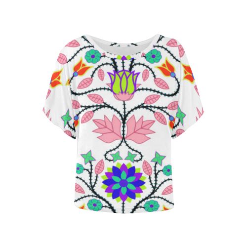 Floral Beadwork Four Clans White Women's Batwing-Sleeved Blouse T shirt (Model T44) Women's Batwing-Sleeved Blouse T shirt (T44) e-joyer
