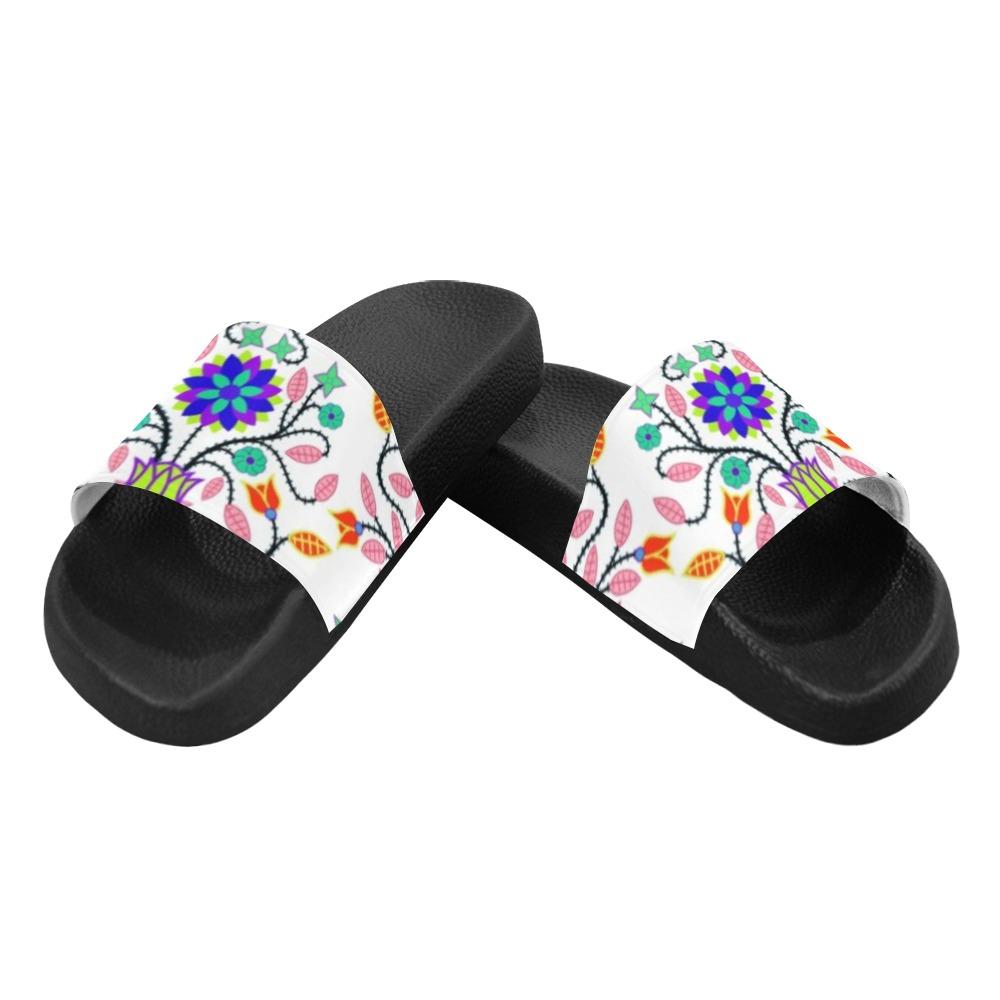 Floral Beadwork Four Clans White Women's Slide Sandals (Model 057) Women's Slide Sandals (057) e-joyer