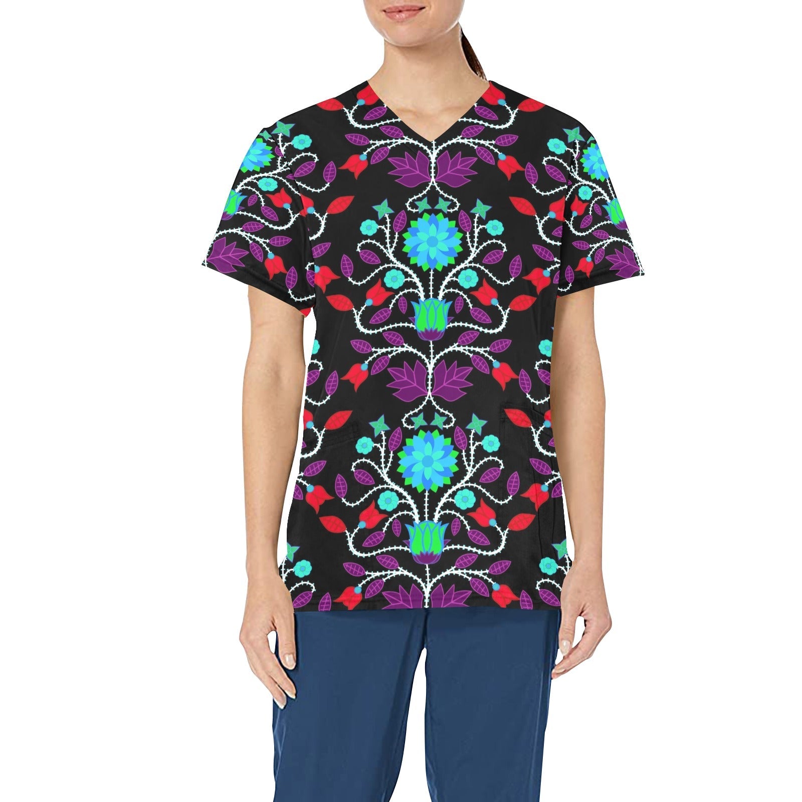 Floral Beadwork Four Clans Winter All Over Print Scrub Top Scrub Top e-joyer