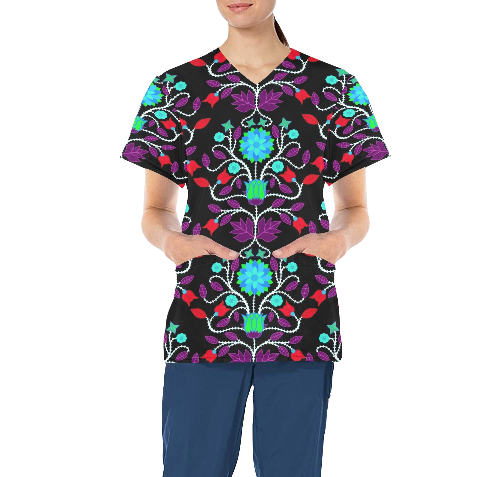 Floral Beadwork Four Clans Winter All Over Print Scrub Top Scrub Top e-joyer