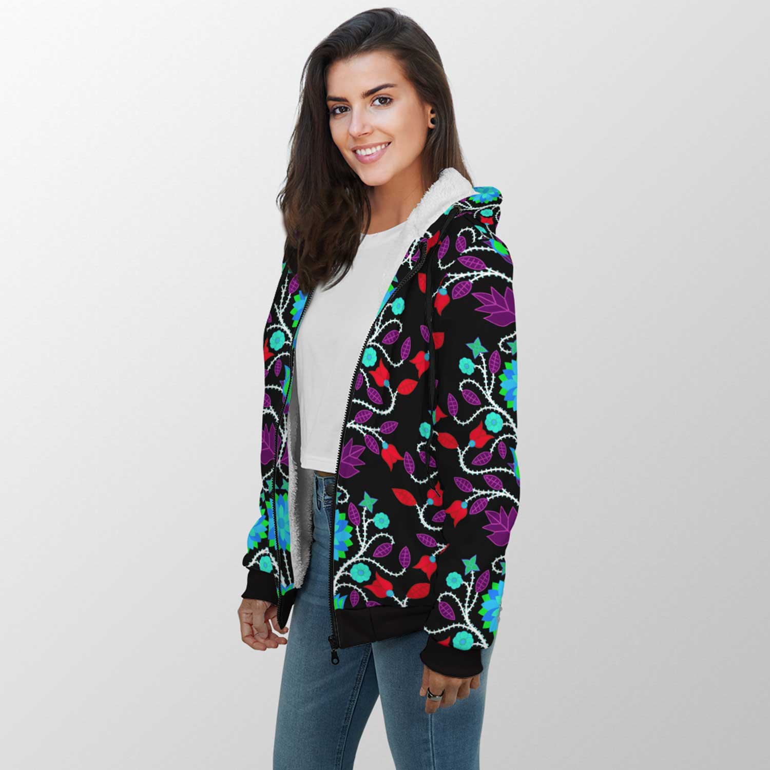 Floral Beadwork Four Clans Winter Sherpa Hoodie 49 Dzine